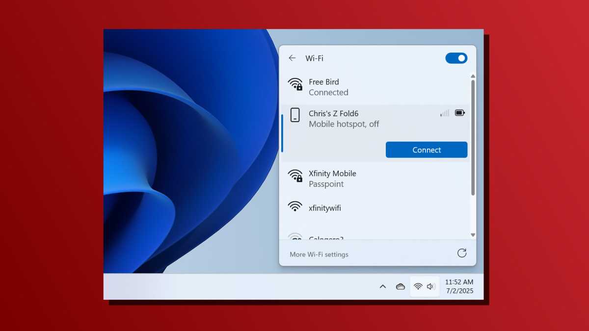 Fonction de hotspot mobile instantanée via le lien téléphonique sur la capture d'écran de Windows 11