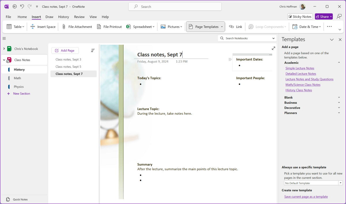 Capture d'écran Microsoft OneNote comme meilleure application de mise en place pour les étudiants
