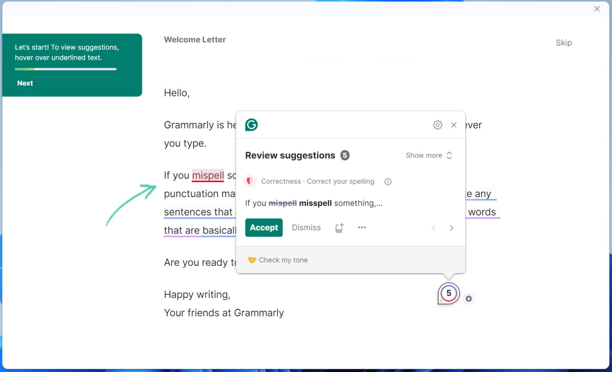 Grammaire pour Windows avec des suggestions d'écriture Capture d'écran