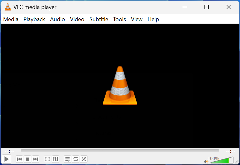 Écran noir VLC Media Player sans rien chargé, sauf la capture d'écran du logo VLC Orange Cone