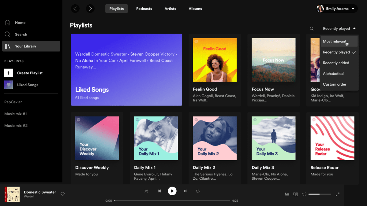 Application Spotify Windows affichant la capture d'écran de la section de la bibliothèque