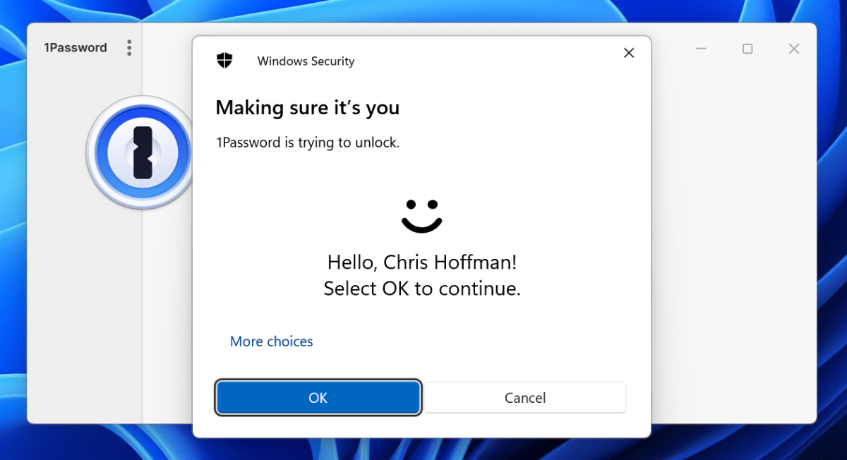 Windows Hello pour 1Password Capture d'écran