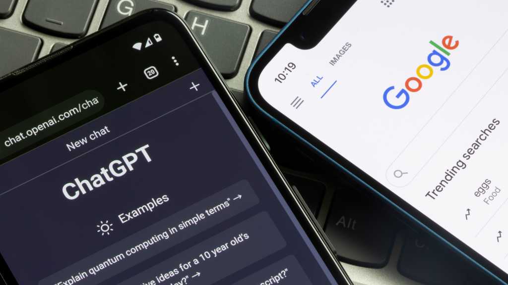 ChatGPT versus Google Search displayed on different phones side by side