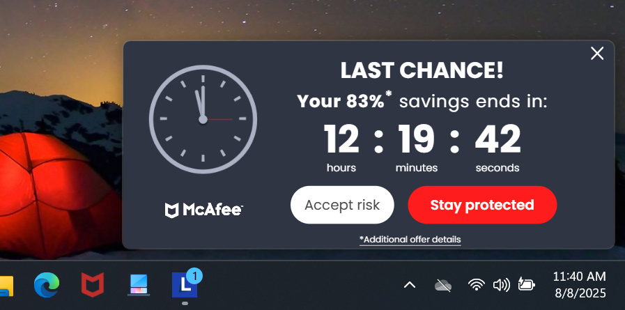 Message d'avertissement antivirus McAfee Capture d'écran de dernière chance