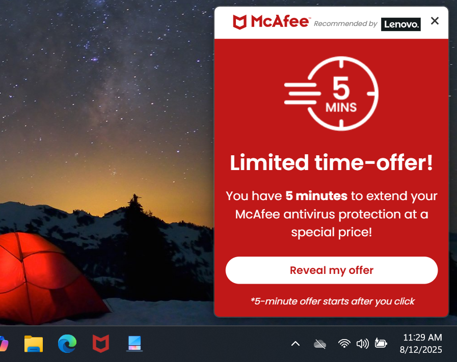 McAfee Antivirus Security Vous avez 5 minutes de capture d'écran d'avertissement