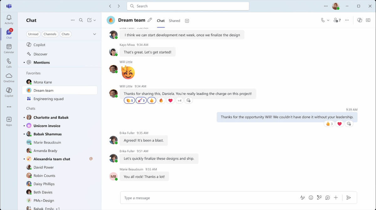 Les équipes Microsoft présentent plusieurs réactions d'emoji