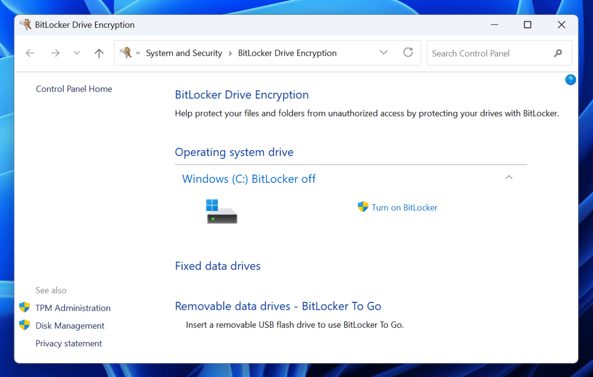 Capture d'écran du chiffrement de lecteur BitLocker de Windows 11
