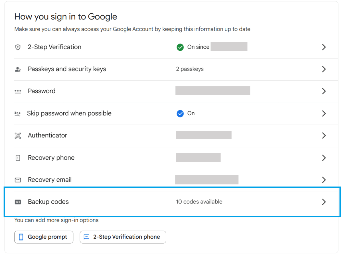 Option de code de sauvegarde Google dans les paramètres de sécurité