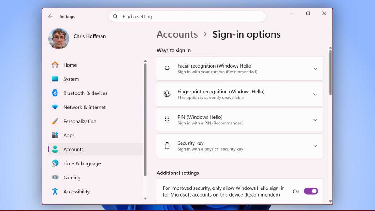 Capture d'écran des options de connexion Windows Hello