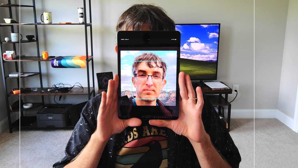 Chris Hoffman face photo on iPad trying to fool Windows Hello facial scan