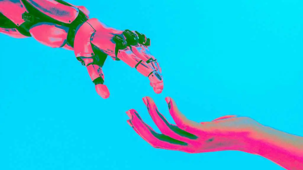 Artificial intelligence AI robot hand reaching for human hand