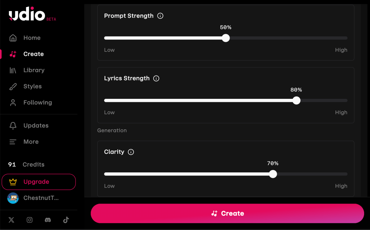 Paramètres de la chanson Udio
