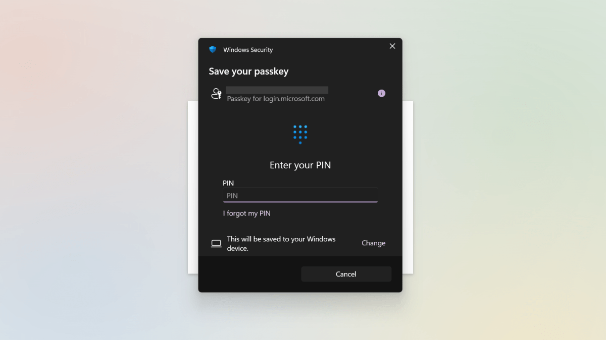 Création d'un compte Passkey pour Microsoft - Option par défaut