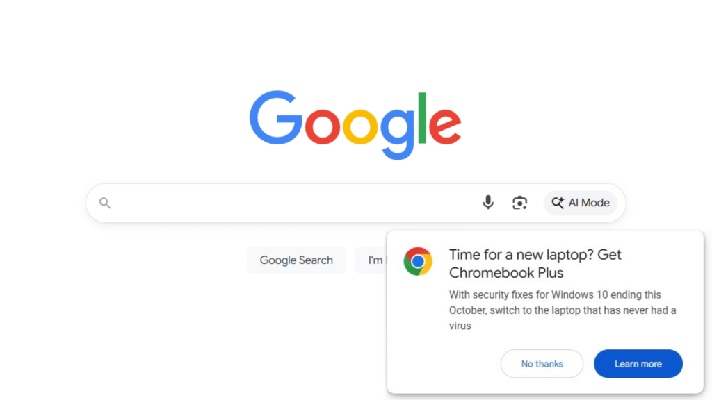 Google home page with Chromebook Plus ad