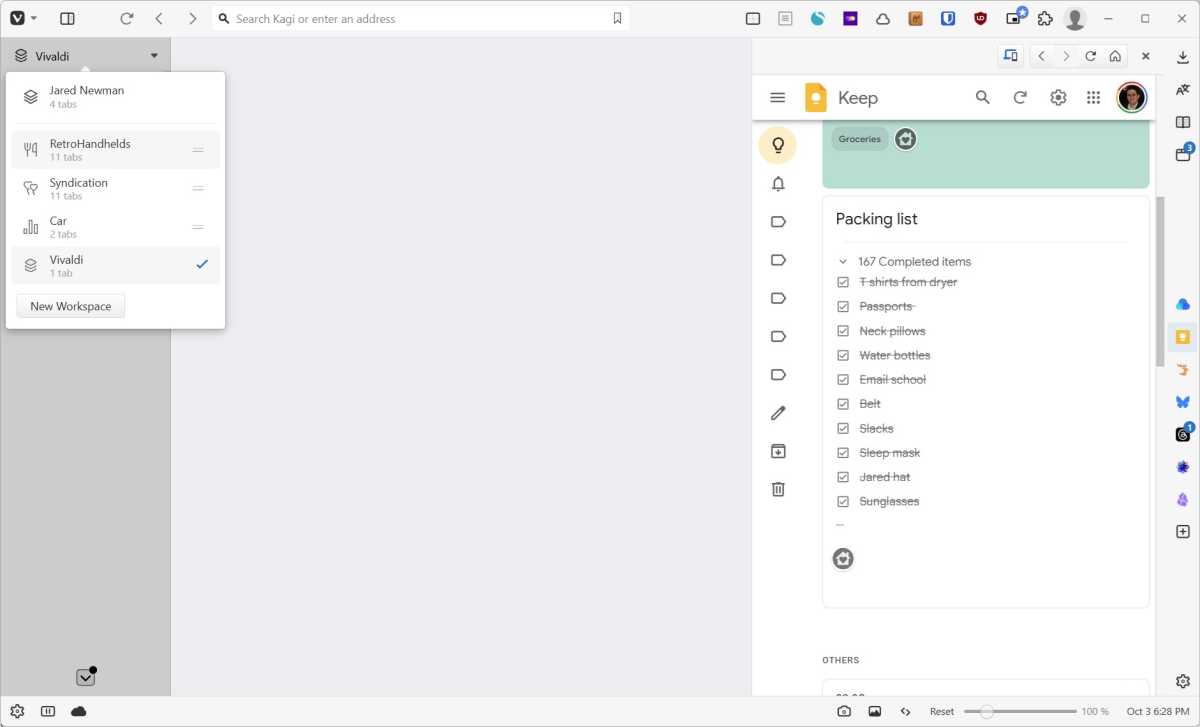 Espaces de travail et panneaux Web Vivaldi