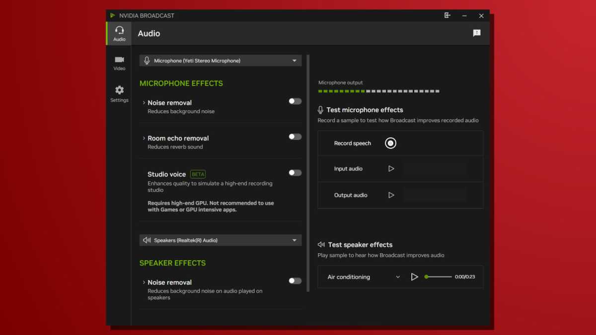 Outils d'IA locaux Effets de microphone Nvidia Broadcast
