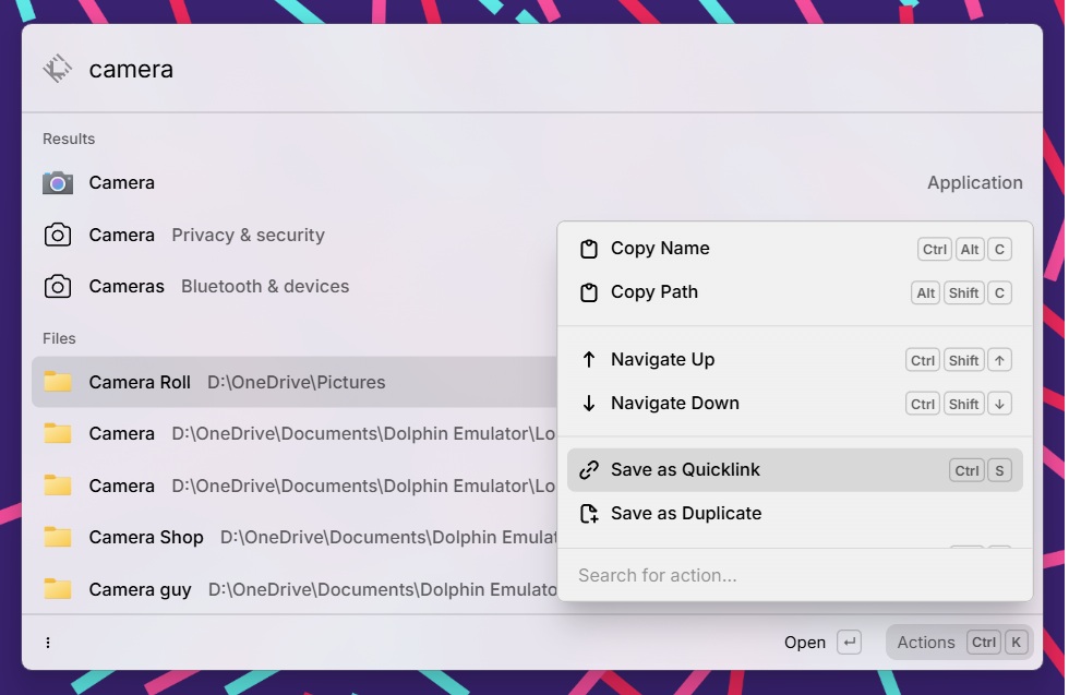 Fonctionnalité Raycast QuickLink, enregistrement du dossier Camera Roll