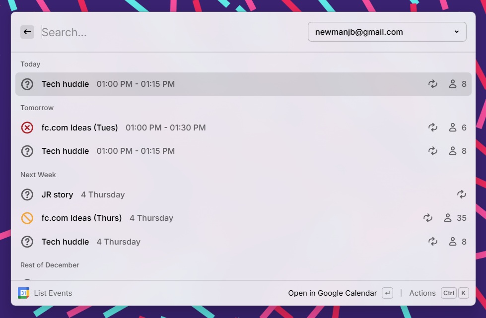 Extension du calendrier Google Raycast
