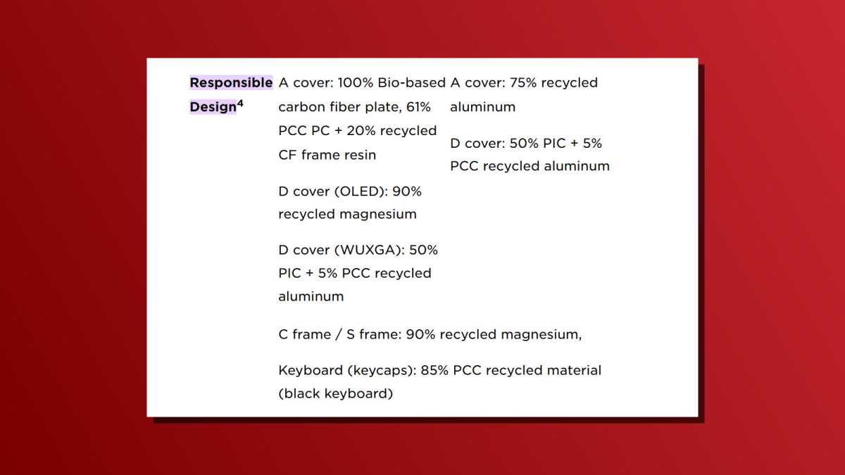 Fiche technique d'un ordinateur portable Lenovo montrant une conception responsable