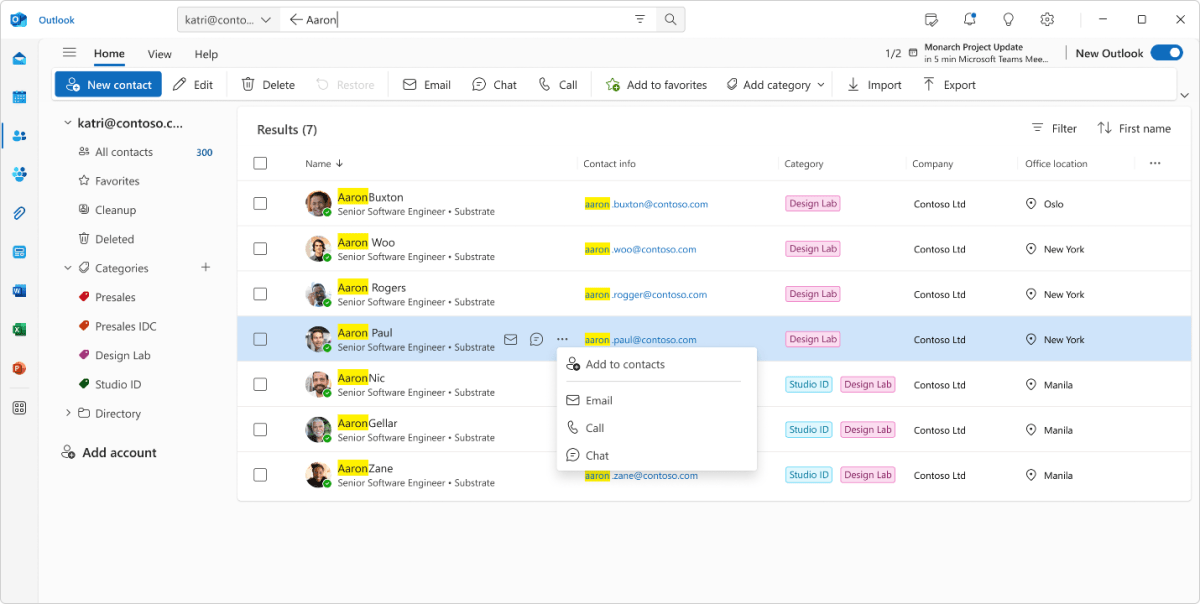 Affichage des nouveaux contacts Outlook