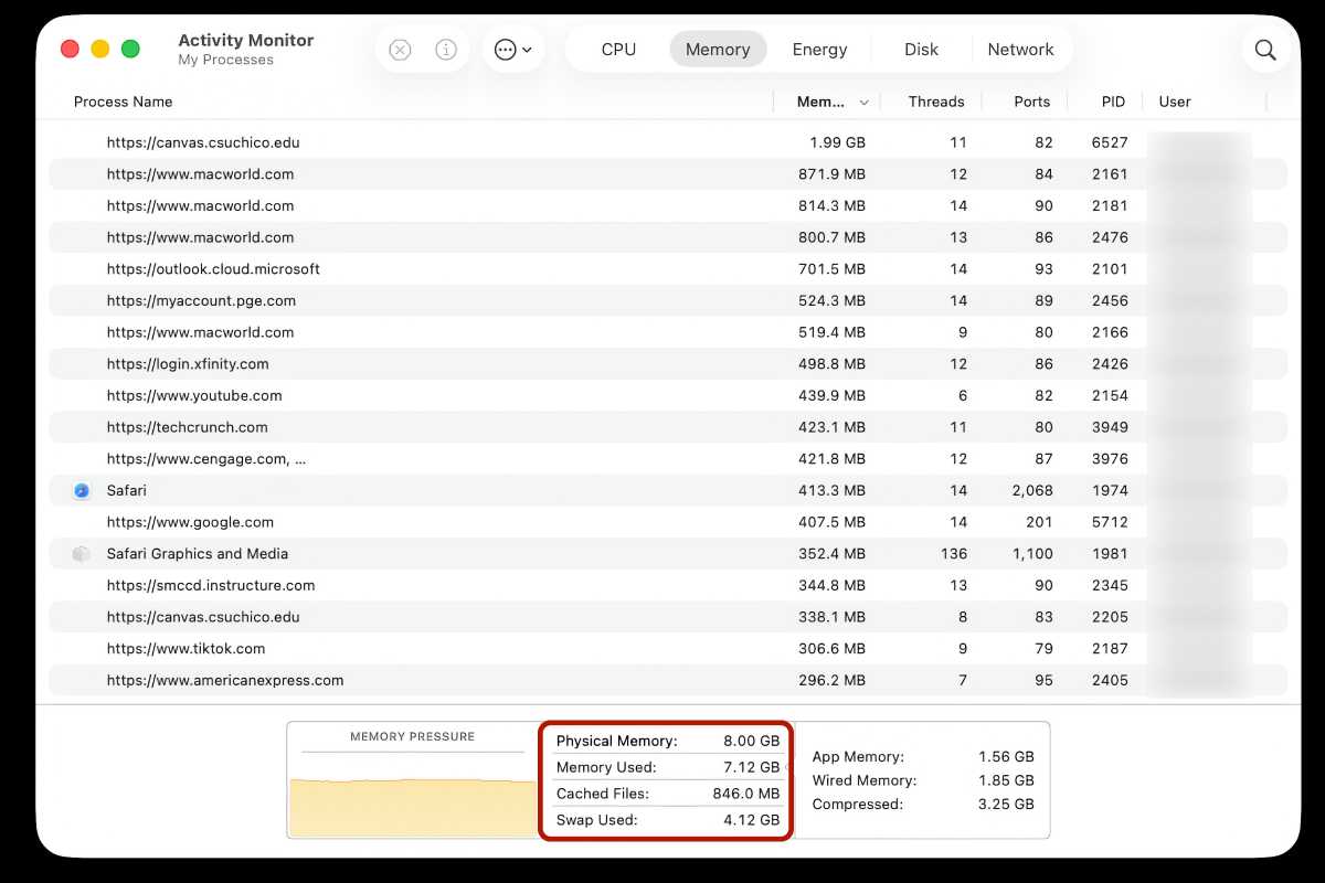 Onglets Safari Moniteur d'activité macOS