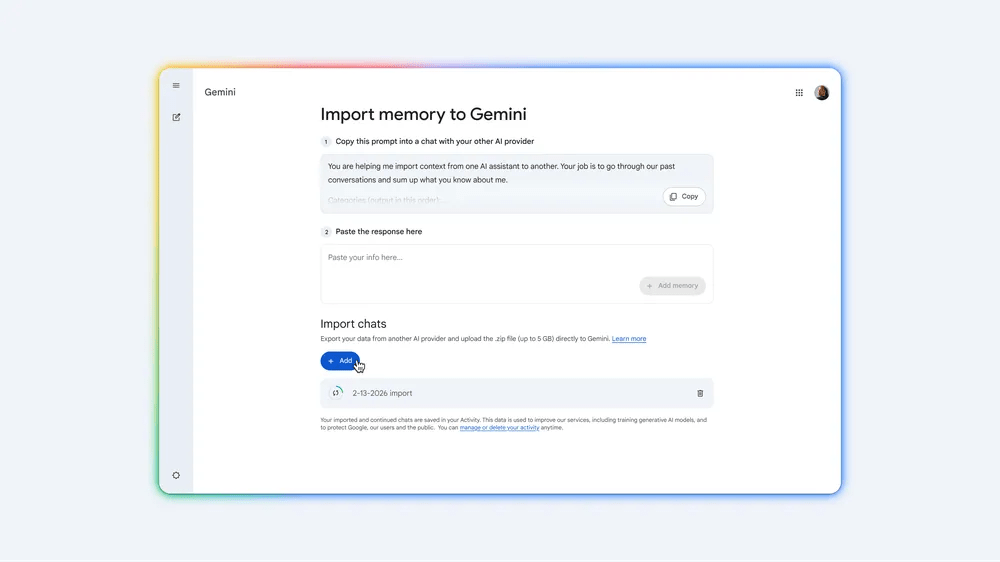 Historique des discussions d'importation Gemini