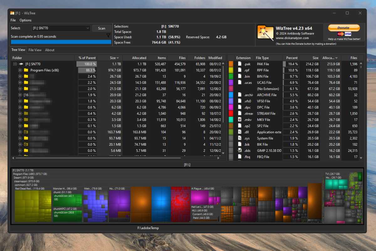 WizTree montrant la visualisation de l'utilisation de l'espace disque, capture d'écran