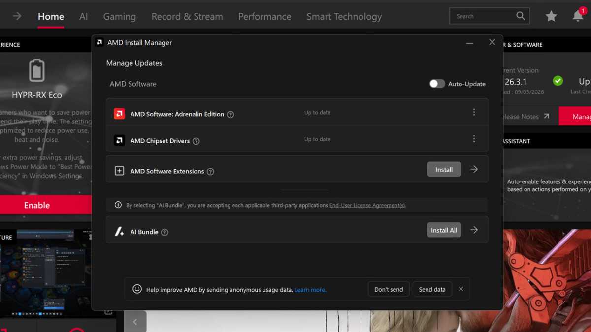 Capture d'écran des mises à jour du pilote AMD Install Manager