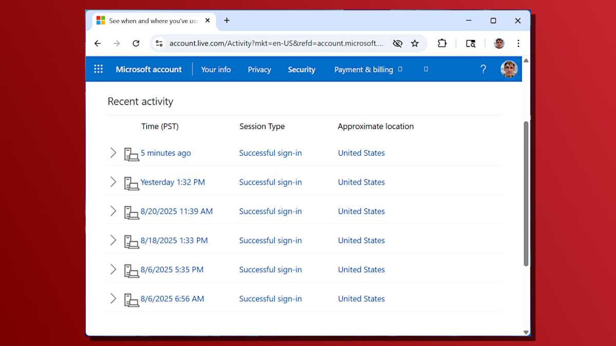 Capture d'écran de l'historique d'accès à l'appareil des paramètres du compte Microsoft