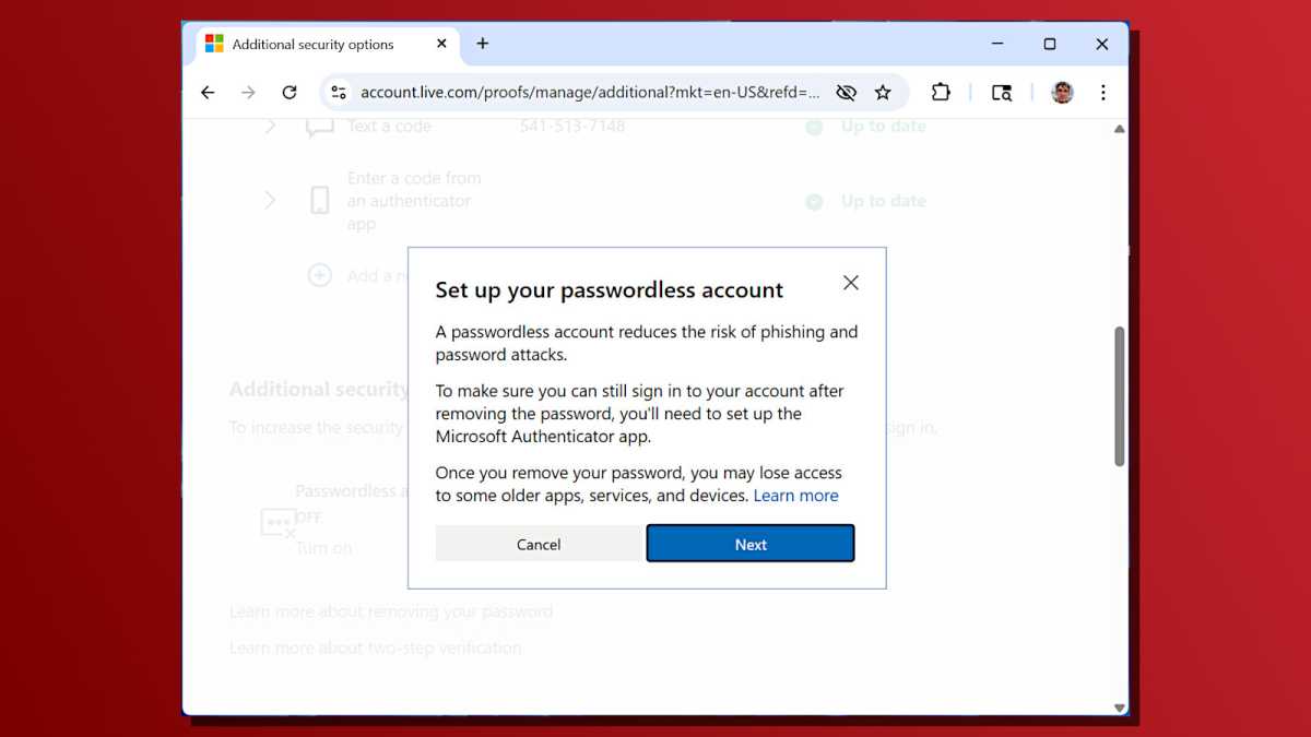 Capture d'écran sans mot de passe des paramètres du compte Microsoft