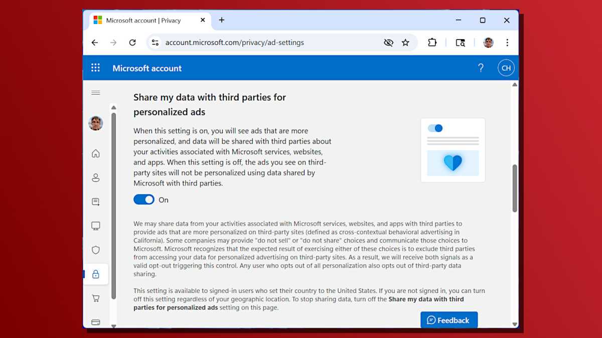 Capture d'écran des paramètres du compte Microsoft, des publicités personnalisées et du partage de données avec des tiers