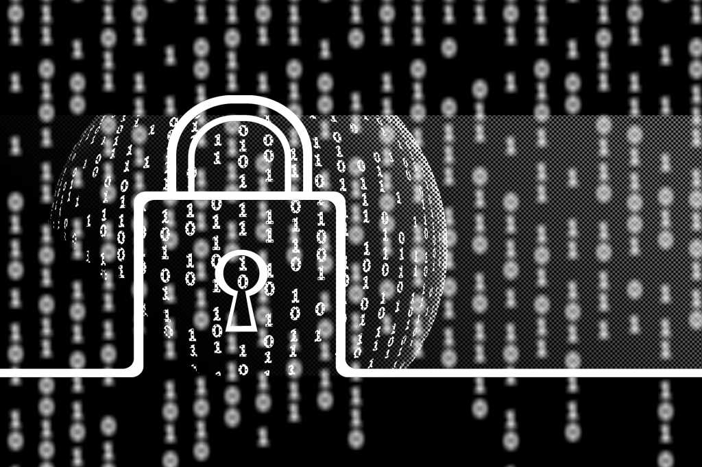 Black and white art of padlock over a stream of ones and zeros