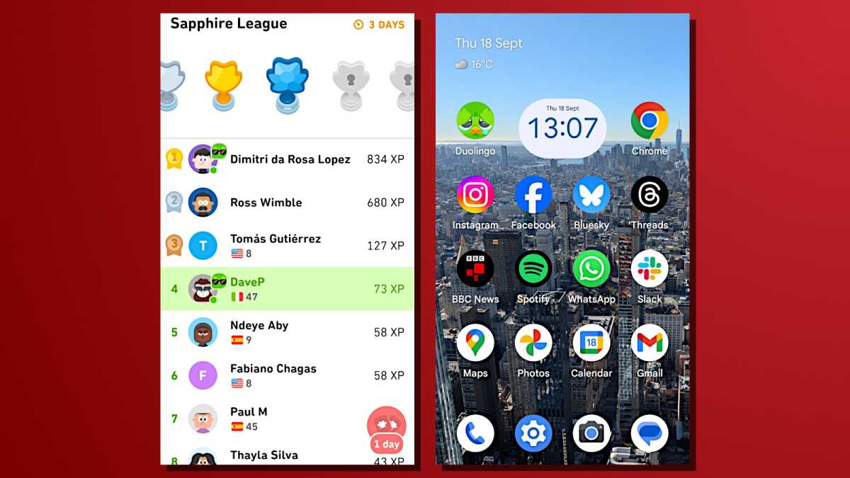 Widget et ligue de captures d'écran Duolingo