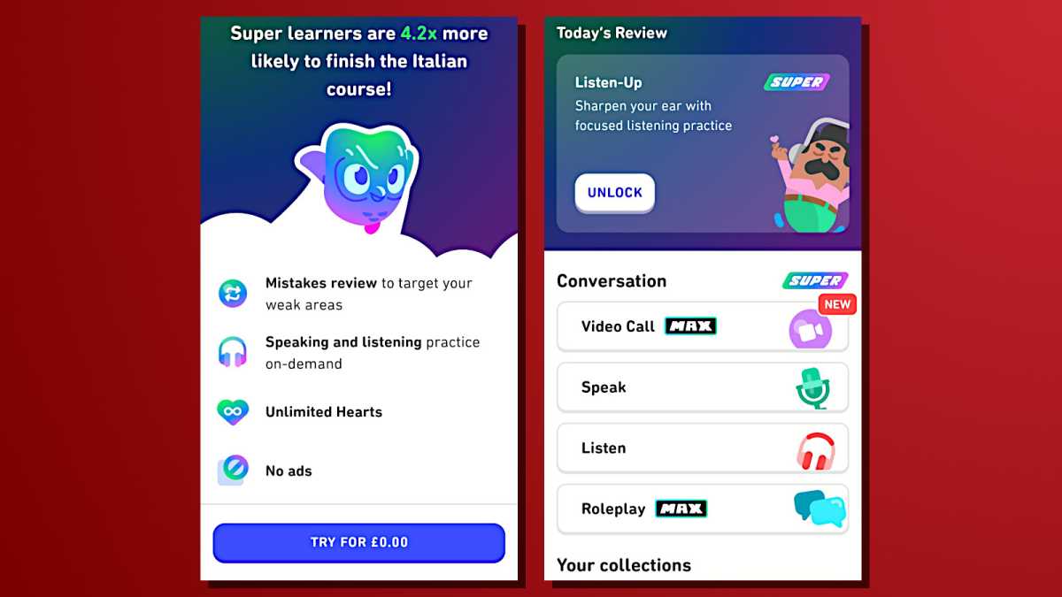 Captures d'écran Duolingo harcelantes et déverrouillées