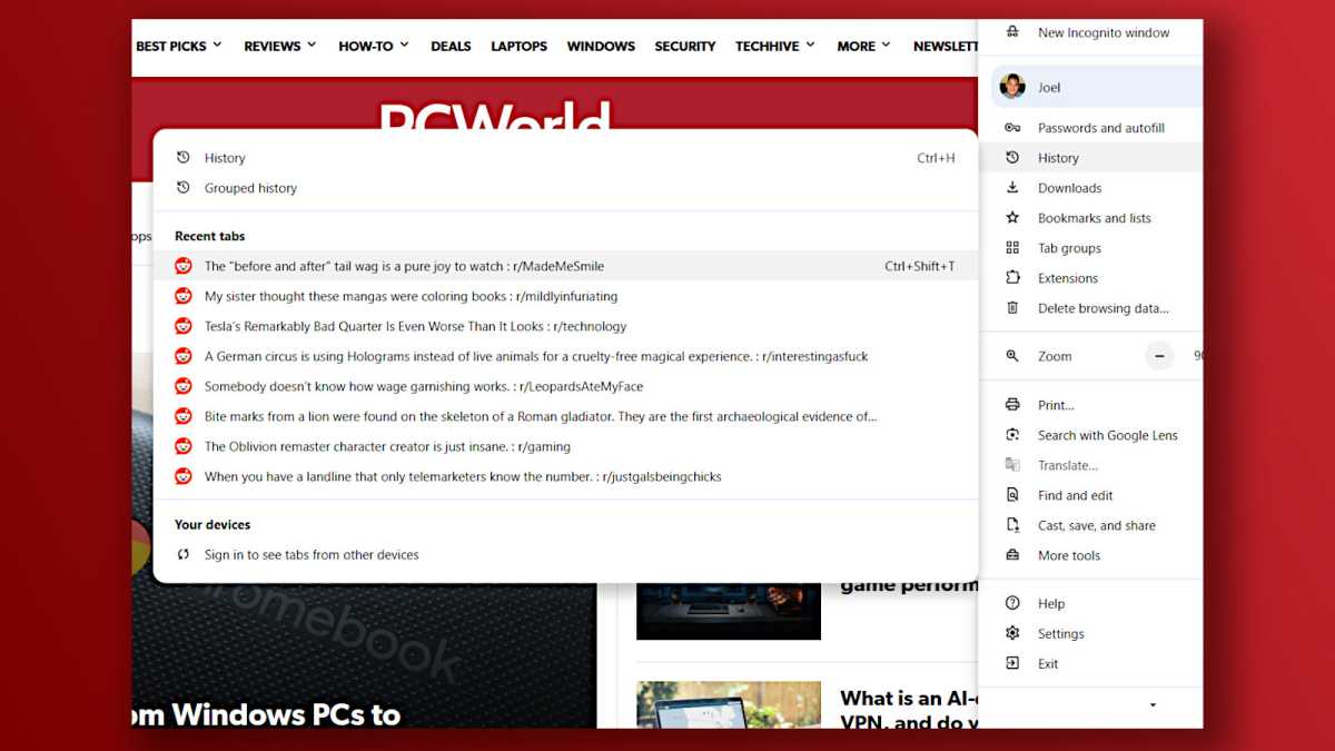 Capture d'écran de la fonctionnalité essentielle de Chrome : ouverture des onglets récemment fermés