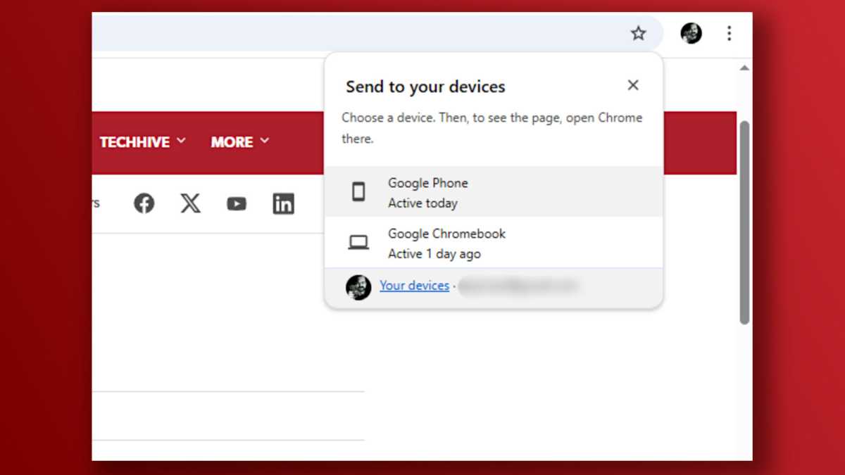 Capture d'écran de la fonctionnalité essentielle de Chrome : envoyer l'onglet à d'autres appareils