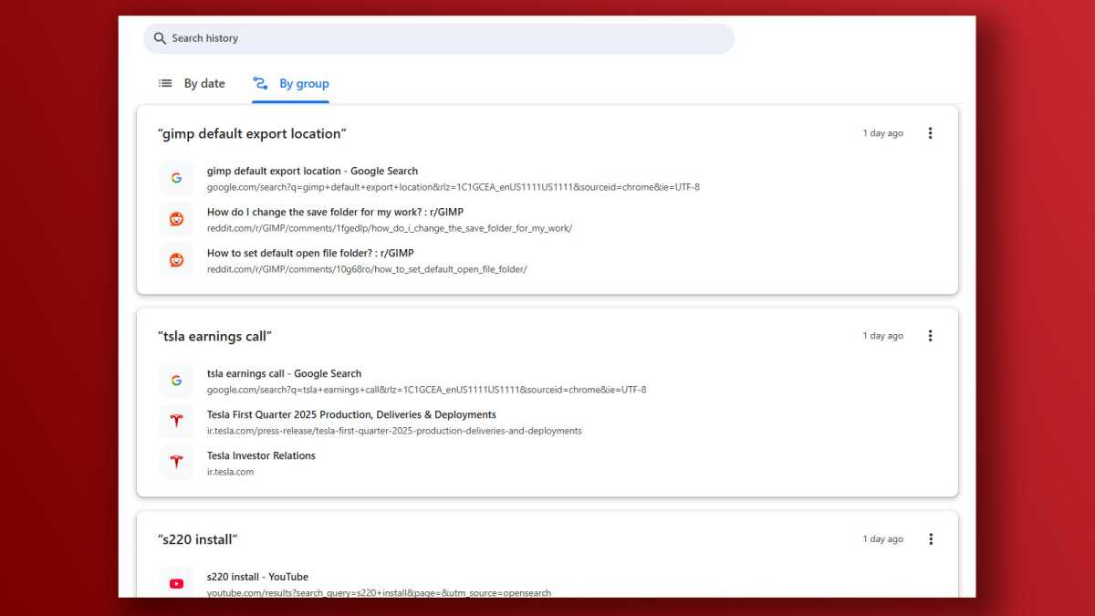 Capture d'écran de l'historique groupé des fonctionnalités essentielles de Chrome