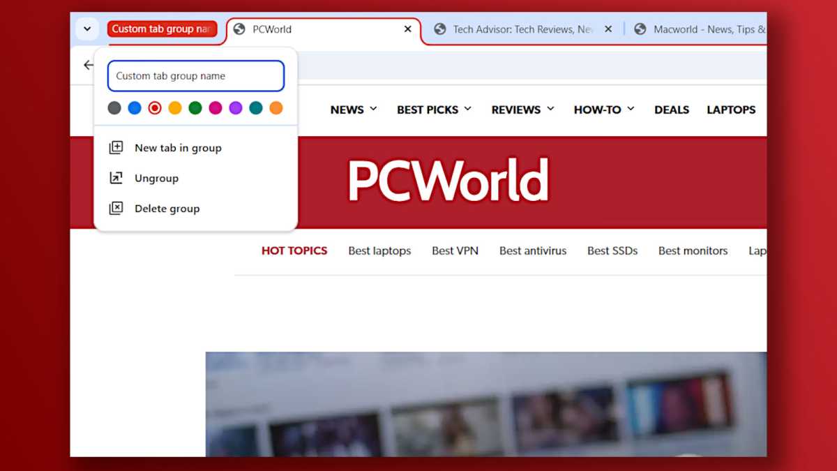 Capture d'écran des groupes d'onglets de fonctionnalités essentielles de Chrome