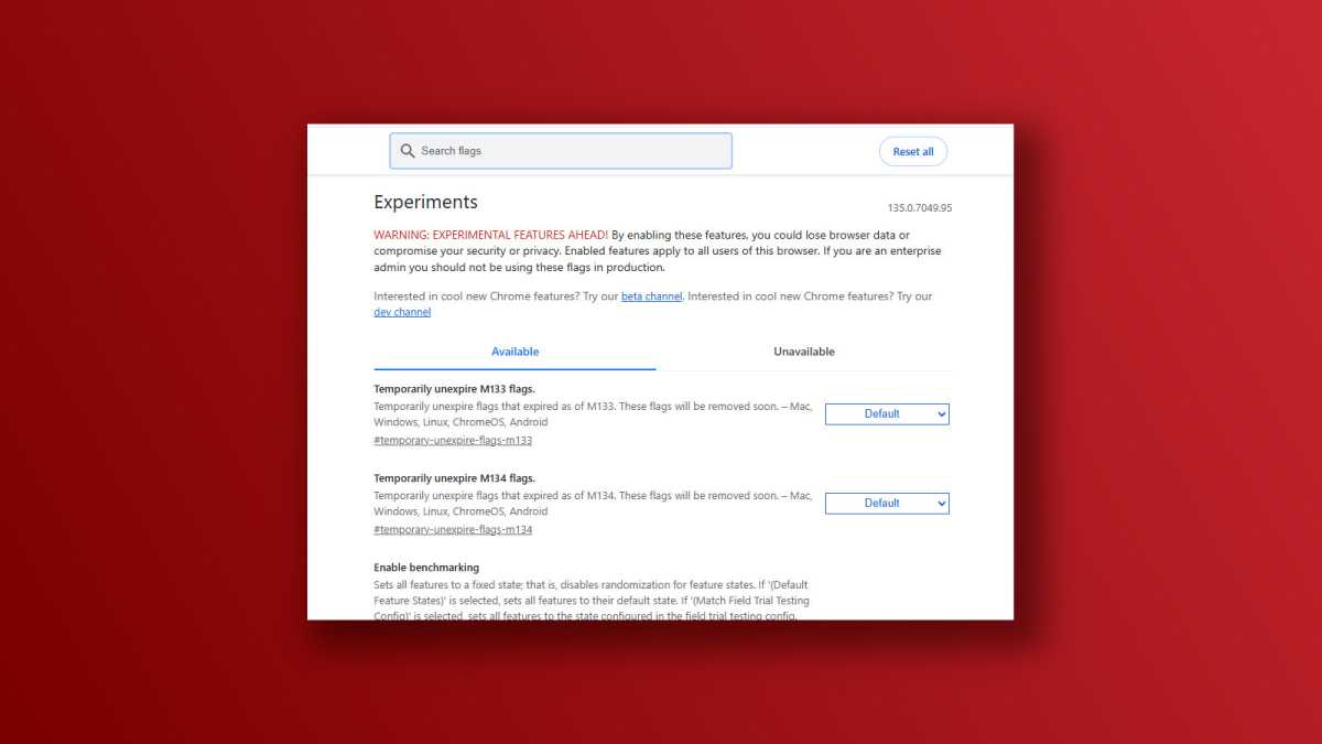 Capture d'écran des indicateurs expérimentaux des fonctionnalités essentielles de Chrome