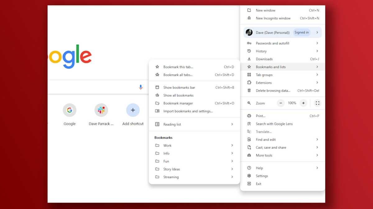 Capture d'écran des signets et des listes des fonctionnalités essentielles de Chrome
