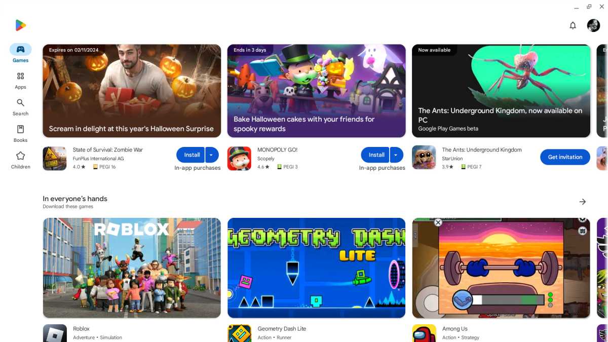 Capture d'écran des jeux et applications Android dans la boutique ChromeOS