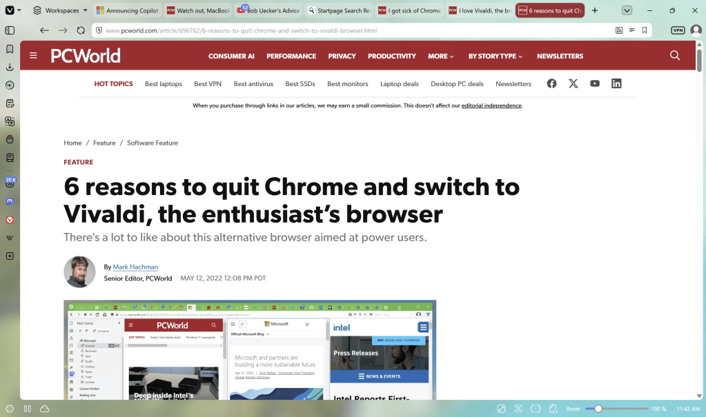 Vivaldi 8 browser PCWorld home screen Vivaldi article