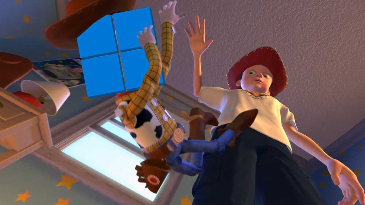 Histoire de jouets : "Je ne veux plus jouer avec toi" meme logo Windows. Andy laisse tomber Woody, le cowboy jouet, avec le logo Windows superposé sur le visage de Woody.