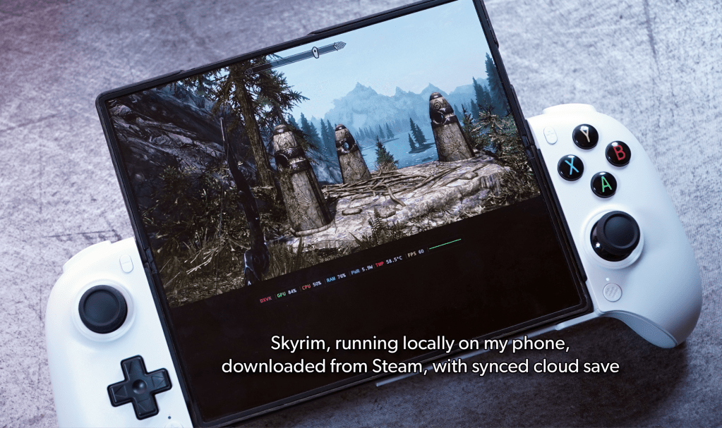 Skyrim running on a phone with a Bluetooth controller