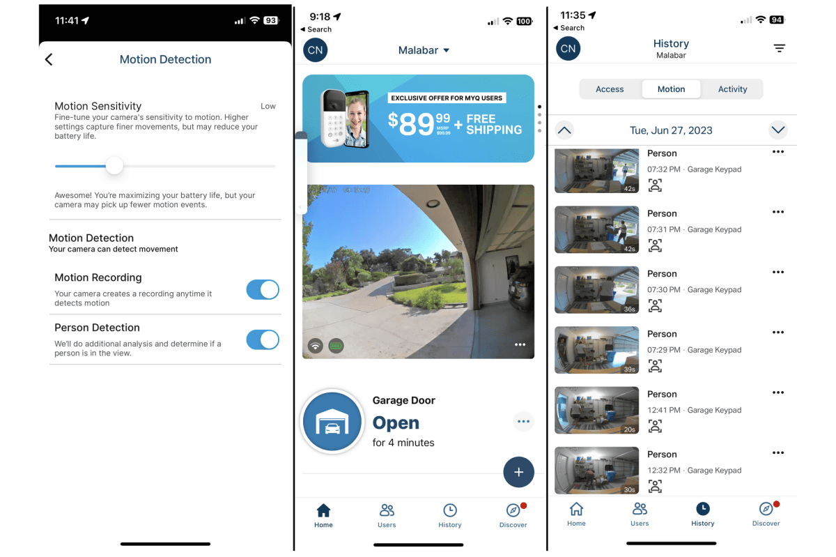 Captures d'écran de l'application myQ Smart Garage Video Keypad