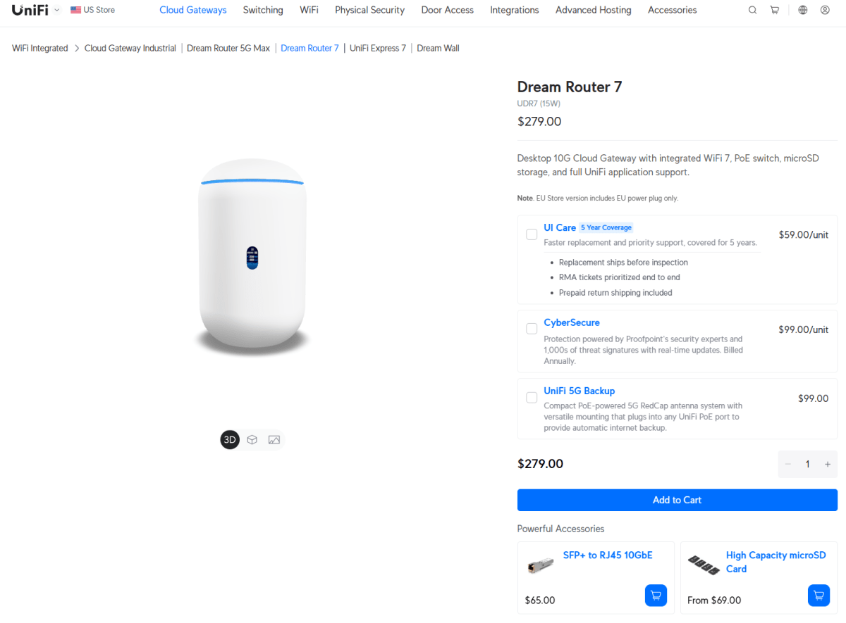 Page produit du routeur Ubiquiti Dream Router 7