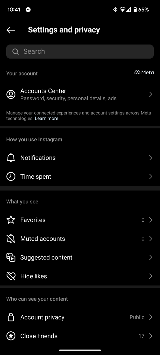 Page Paramètres et confidentialité d'Instagram
