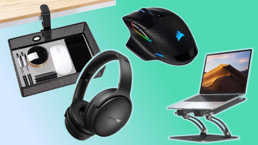 laptop stand, bose quietcomfort, Corsair mouse, under desk drawer