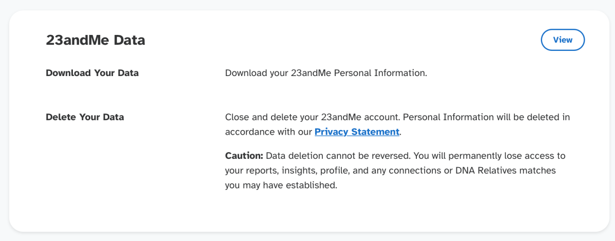 Écran des paramètres de données 23andMe (mars 2025)