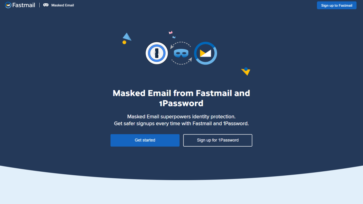 Page de destination des e-mails masqués de Fastmail